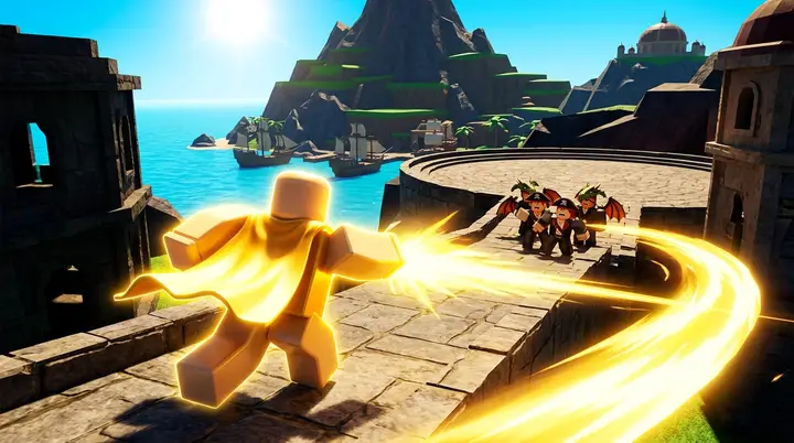 Jogador atacando um grupo de inimigos Dragon Crew perto da arena na Hydra Island do Blox Fruits