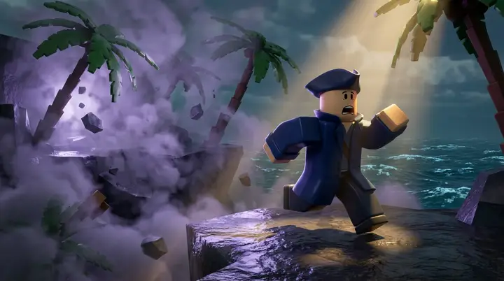 Jogador correndo pela Ilha da Miragem no Blox Fruits enquanto a névoa começa a engolir a ilha