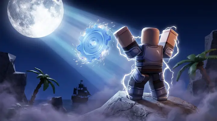 Jogador no pico sem grama da Ilha da Miragem no Blox Fruits fazendo a lua brilhar para a engrenagem azul aparecer