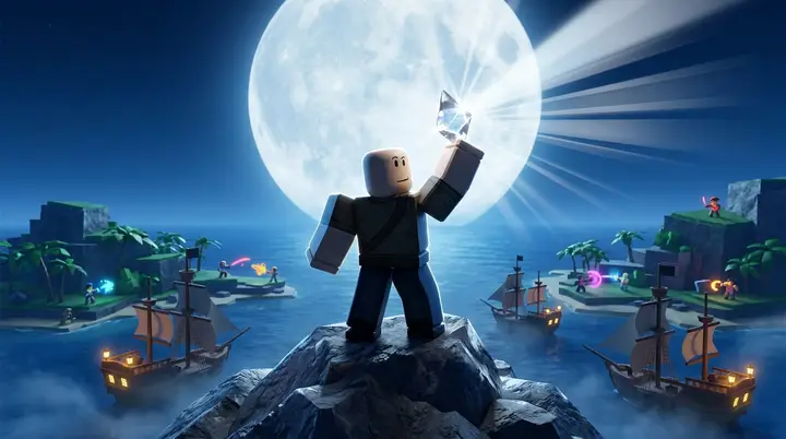 Jogador do Blox Fruits fazendo o Mirror Fractal ressoar com a lua no ponto mais alto da Ilha da Miragem