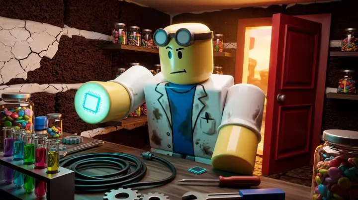 Cientista escondido do Blox Fruits entregando o microchip da raid da Dough numa sala dentro do castelo de bolo