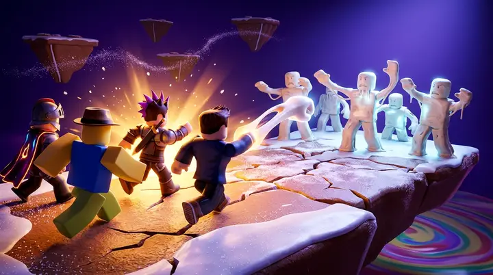 Quatro jogadores de Blox Fruits enfrentando inimigos de massa numa ilha flutuante durante a raid da Dough