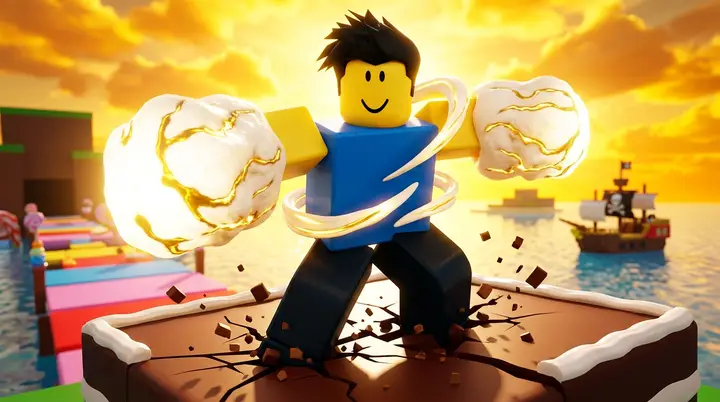 Personagem de Blox Fruits com punhos gigantes de massa brilhando, mostrando o poder da fruta Dough desperta