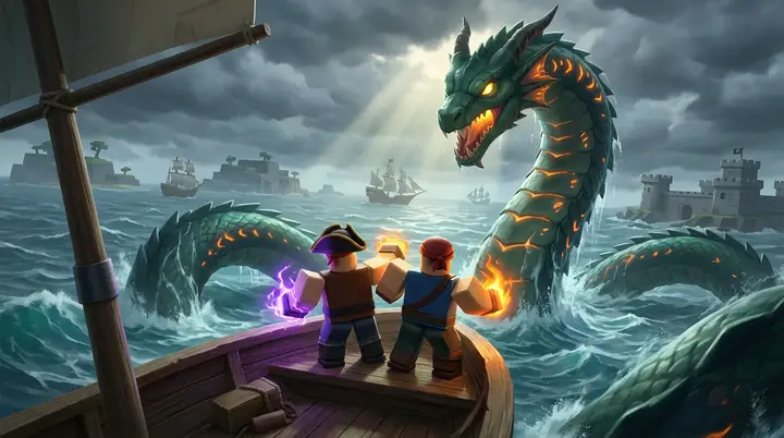 Dois jogadores enfrentando um Sea Beast gigante de um barco pequeno no Blox Fruits, o evento de mar que rende Fragmentos no Sea 2