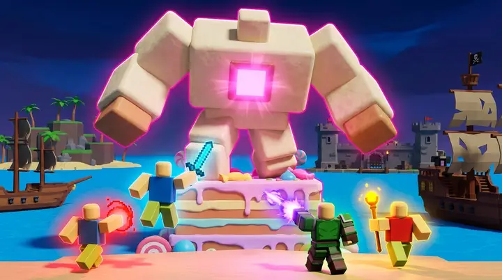 Grupo de jogadores enfrentando o chefe do reino dos doces no Blox Fruits, o boss com o maior drop fixo de Fragmentos
