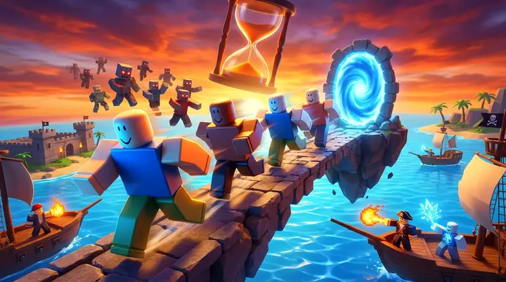 Grupo correndo contra o tempo entre as ilhas de uma raid no Blox Fruits, onde a recompensa cai conforme o relógio zera