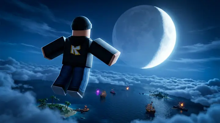 Personagem do Blox Fruits subindo acima das nuvens para olhar a fase da lua no céu noturno