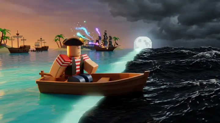 Jogador de Blox Fruits esperando de barco na borda entre o mar seguro e o mar perigoso
