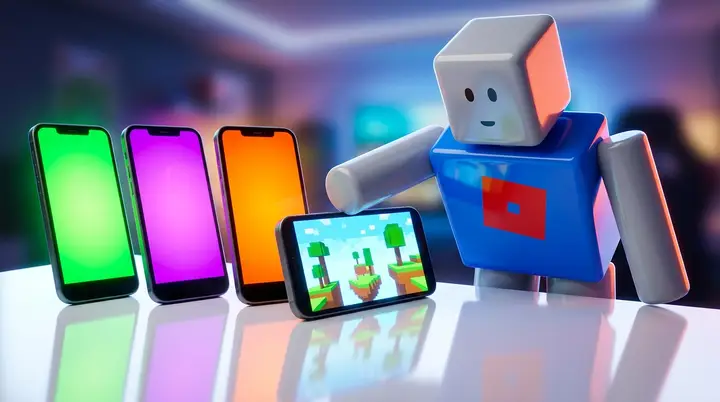 Quatro celulares lado a lado com um personagem do Roblox tocando a tela de um deles