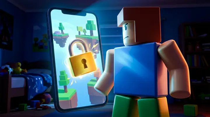 Personagem do Roblox fazendo sinal de pare diante de um celular com um cadeado fechado na tela