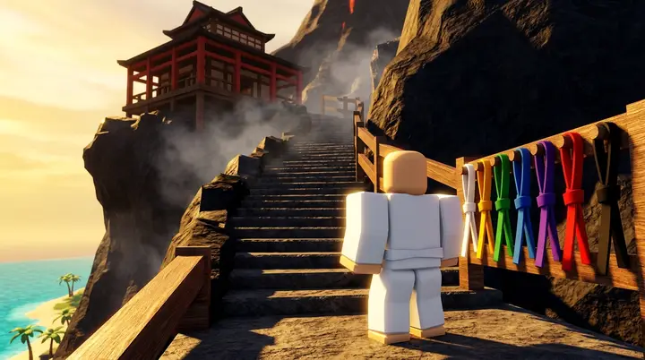 Ilustração 3D estilo Roblox de um personagem blocky diante da longa escadaria do dojo de dragões, com as oito faixas coloridas penduradas no corrimão de pedra ao lado.