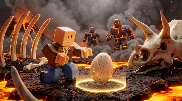 Ilustração 3D estilo Roblox de um personagem blocky agachado para pegar um ovo de dragão brilhante entre ossos de dinossauro, com dois golens de lava se aproximando na ilha vulcânica.