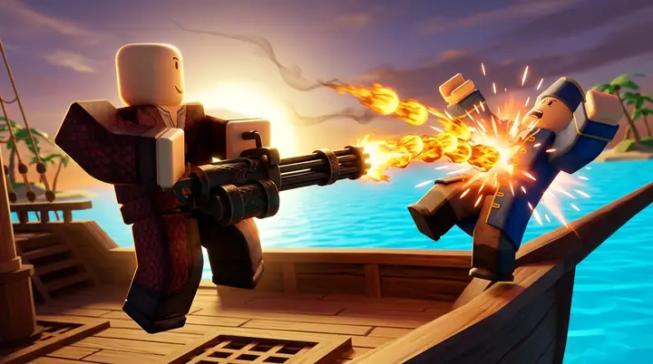 Ilustração 3D estilo Roblox de um personagem blocky disparando a minigun de dragão contra outro jogador no convés de um navio pirata, com rastro de bolas de fogo laranja.