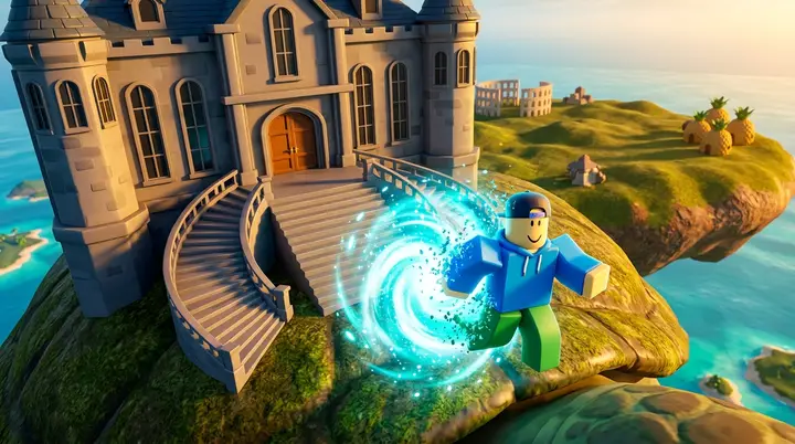Personagem de Roblox se teleportando em partículas azuis na frente da Mansion do Floating Turtle no Blox Fruits