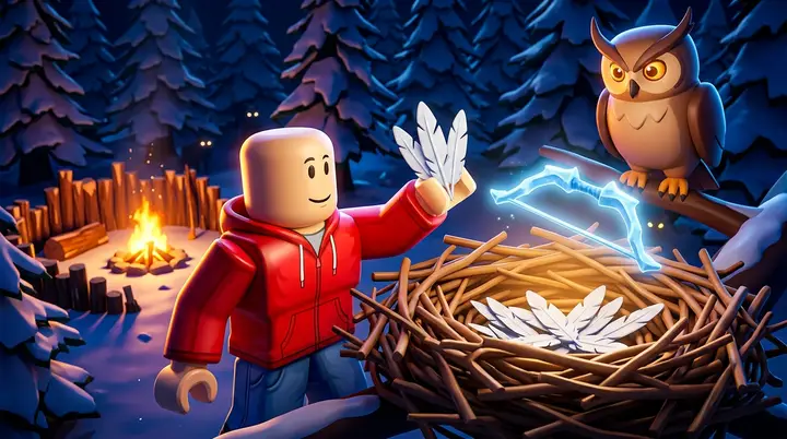 Personagem entregando penas no ninho da coruja e recebendo o arco de gelo no 99 Noites na Floresta
