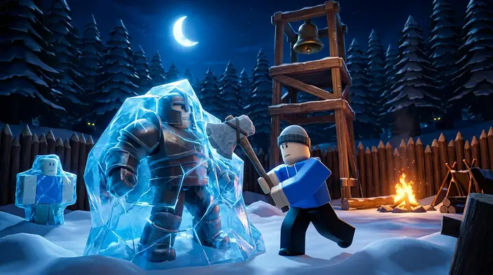 Personagem do Roblox atacando um inimigo congelado na base da torre do sino, no bioma da neve do 99 Noites na Floresta