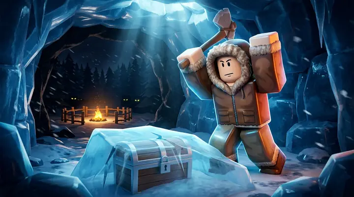 Personagem quebrando o gelo de um baú congelado numa caverna do bioma da neve no 99 Noites na Floresta