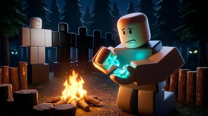 Personagem do 99 Noites na Floresta contando poucos diamantes diante das classes ainda bloqueadas, mostrando até onde as conquistas alcançam