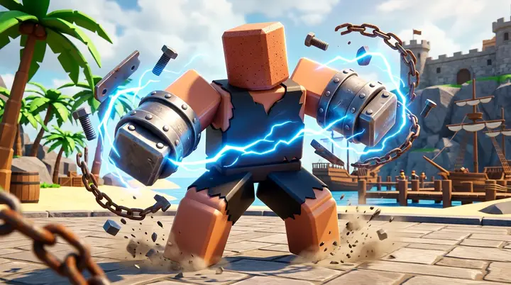 Personagem do Blox Fruits usando a fruta Magnet atrai sucata metálica com os braços magnetizados