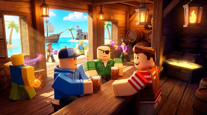 Taverna reconstruída de uma ilha da Primeira Sea do Blox Fruits com NPCs no balcão e um baú escondido no canto