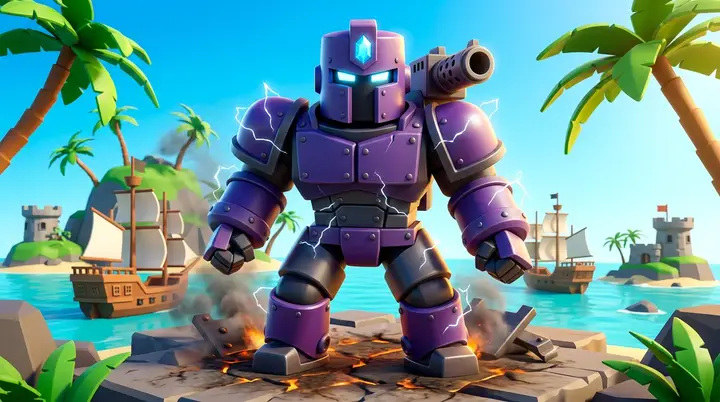 Personagem do Blox Fruits na transformação Maximum Overdrive da fruta Magnet, coberto por uma armadura roxa com olhos azuis