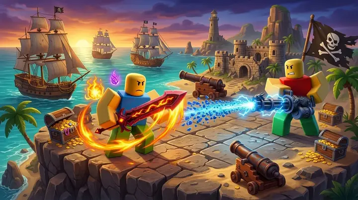 Dois avatares Roblox com espada flamejante e canhão dracônico demonstram combate próximo e ataque à distância em uma ilha pirata