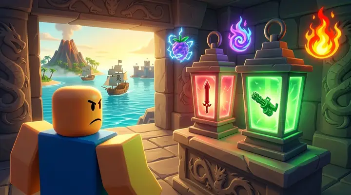 Avatar Roblox observa duas lanternas mágicas de espada e canhão dentro de um templo de dragão