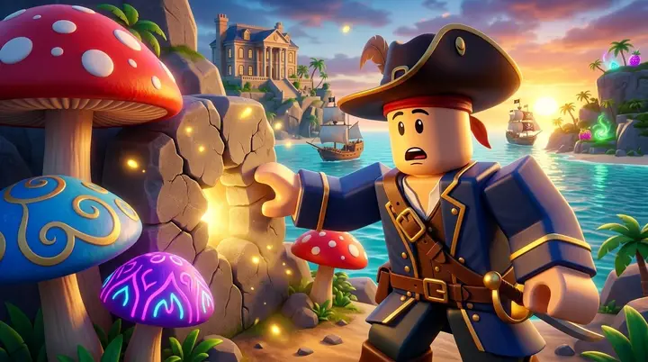 Ilustração 3D estilo Roblox de um pirata encontrando uma parede rachada perto de cogumelos gigantes na busca pelo Musketeer Hat.
