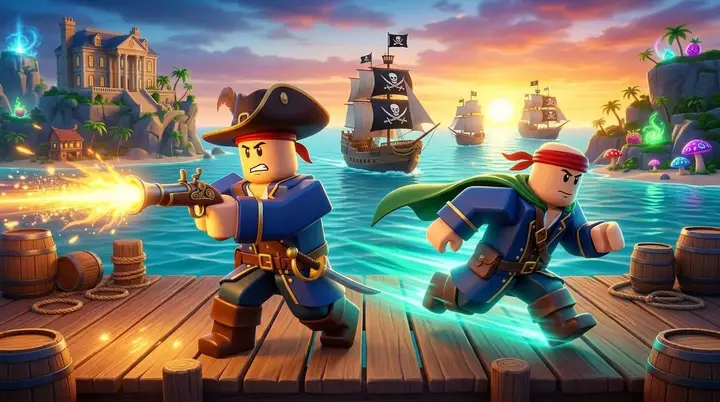 Comparação em ilustração 3D estilo Roblox entre um gunner com Musketeer Hat atacando e outro com Hunter Cape correndo pelo cais.