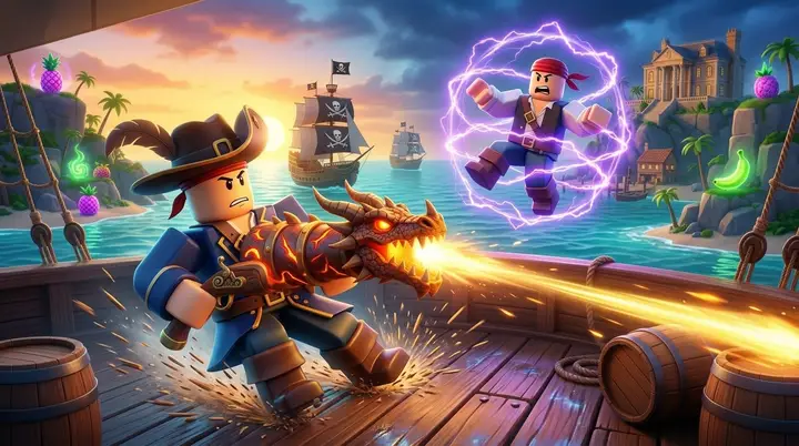 Ilustração 3D estilo Roblox de um gunner com Musketeer Hat disparando um canhão fantástico durante um duelo em navio pirata.