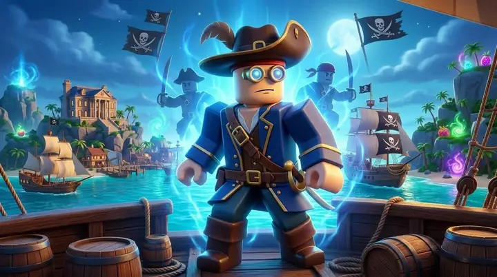 Ilustração 3D estilo Roblox de um personagem com Musketeer Hat usando percepção avançada diante de ilhas e navios distantes.