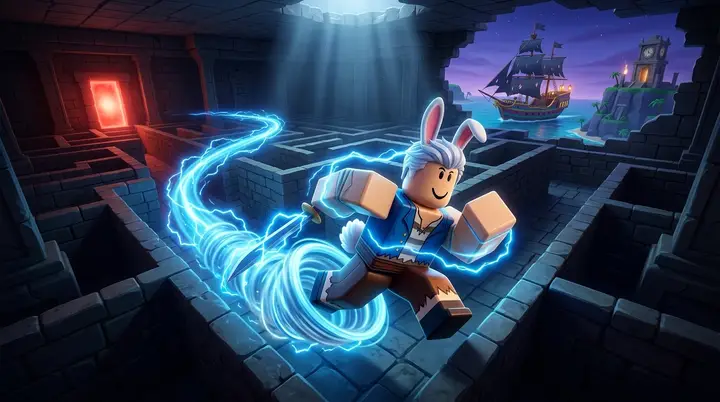 Avatar da raça Rabbit no Blox Fruits correndo por um labirinto escuro em direção a uma saída vermelha