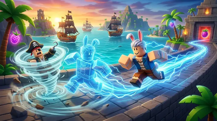 Comparação da Rabbit V4 no Blox Fruits usando um tornado Whirlwind e um dash elétrico Lightning Cloak