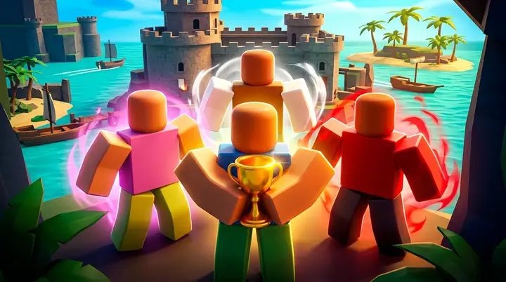 Ilustração 3D estilo Roblox de um grupo protegendo a God's Chalice antes de invocar rip_indra True Form no castelo.