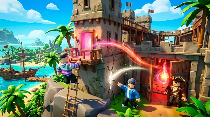 Ilustração 3D estilo Roblox de três jogadores procurando os botões de Aura para invocar rip_indra True Form.