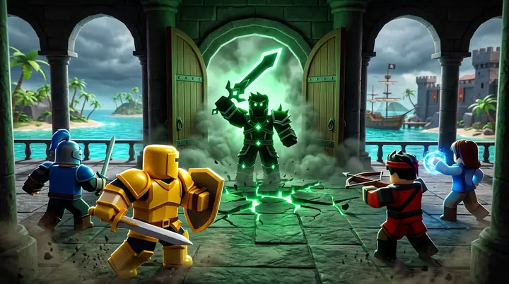 Ilustração 3D estilo Roblox de rip_indra True Form surgindo na neblina diante de um grupo preparado para a luta.