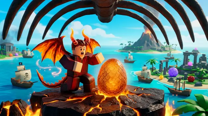 Ilustração 3D estilo Roblox da raça Draco encontrando um ovo de dragão entre fósseis em uma ilha vulcânica.