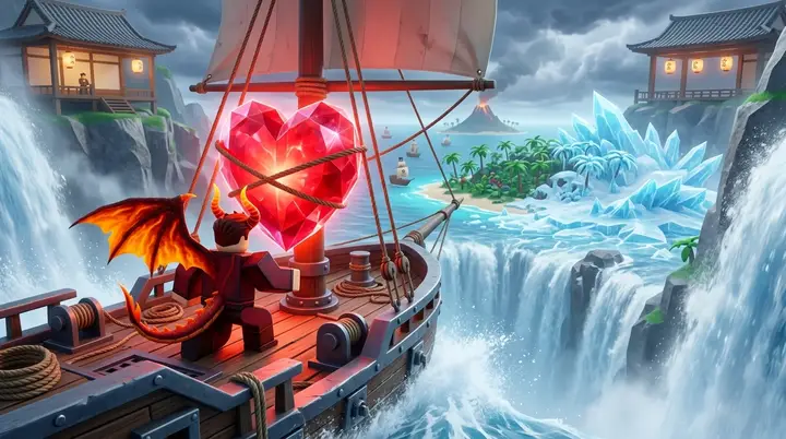 Ilustração 3D estilo Roblox da raça Draco levando um coração gigante de Leviathan em um barco até uma ilha congelada.