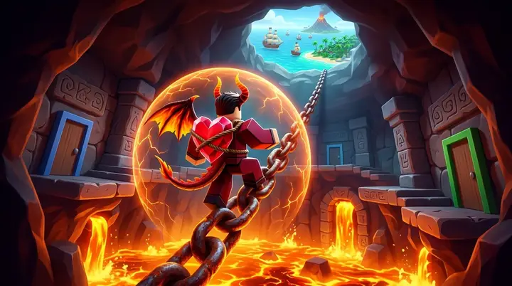 Ilustração 3D estilo Roblox da raça Draco carregando uma relíquia acima da lava durante a Trial of Flames.