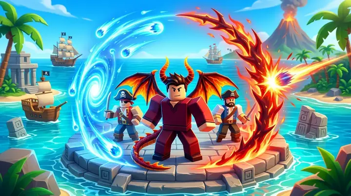 Ilustração 3D estilo Roblox da raça Draco entre orbes azuis do Cometic Field e um escudo vermelho do Thorn Mail.