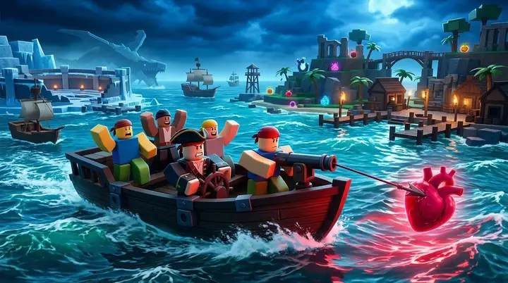 Equipe de cinco personagens estilo Roblox transportando um coração vermelho brilhante em um barco com arpão até uma ilha tropical no Blox Fruits.