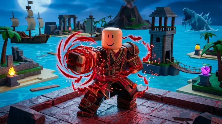 Lutador em roupa preta e vermelha usando cortes de energia e morcegos contra outro personagem estilo Roblox no Blox Fruits.