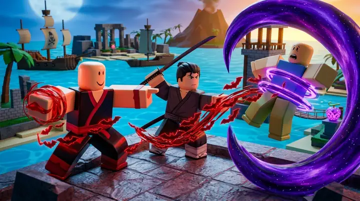 Combo de Sanguine Art com espada escura e energia roxa entre personagens estilo Roblox em uma arena costeira do Blox Fruits.