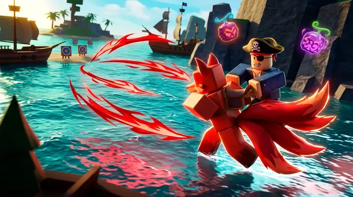 Ilustração 3D estilo Roblox da mutação Empyrean do Blox Fruits correndo sobre o mar com três caudas de fogo vermelho.