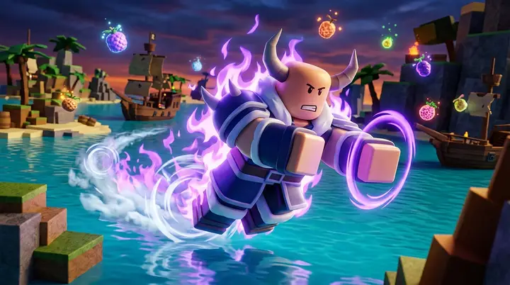 Ilustração 3D estilo Roblox da mutação Fiend do Blox Fruits avançando sobre o mar com fogo violeta e energia gelada.
