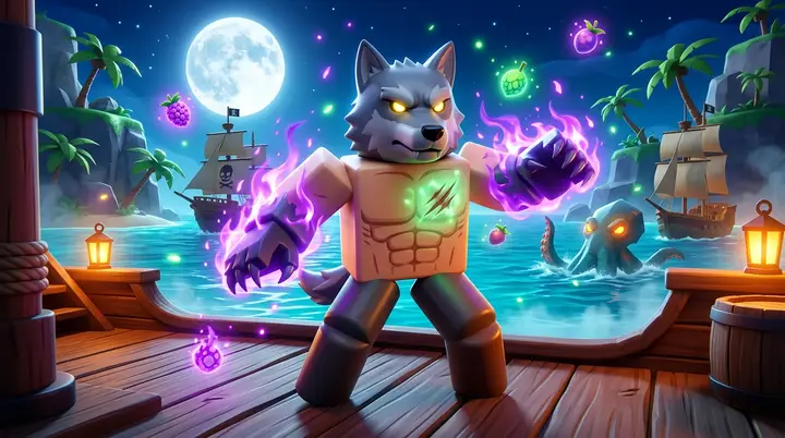 Ilustração 3D estilo Roblox da mutação Werewolf do Blox Fruits em forma flamejante sob a lua cheia diante de uma criatura marinha.