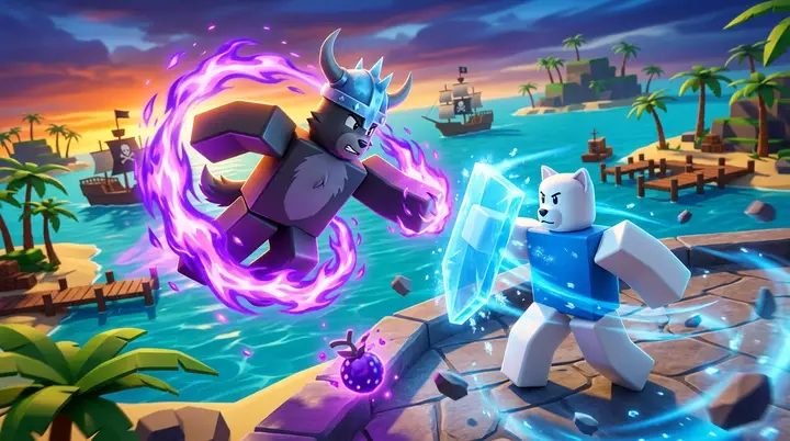 Ilustração 3D estilo Roblox de Fiend Yeti avançando com fogo violeta enquanto a Yeti normal se protege com gelo no Blox Fruits.