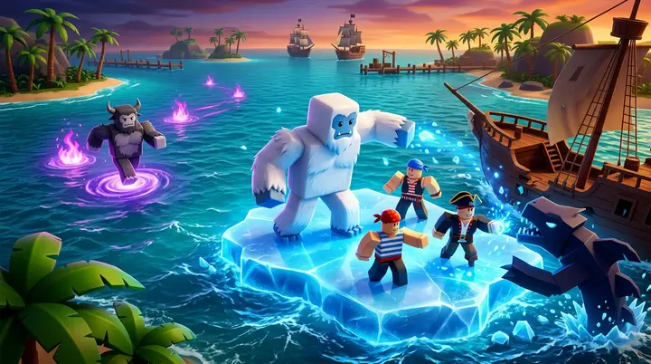 Ilustração 3D estilo Roblox da Yeti normal criando uma plataforma para aliados enquanto Fiend Yeti cruza o mar no Blox Fruits.