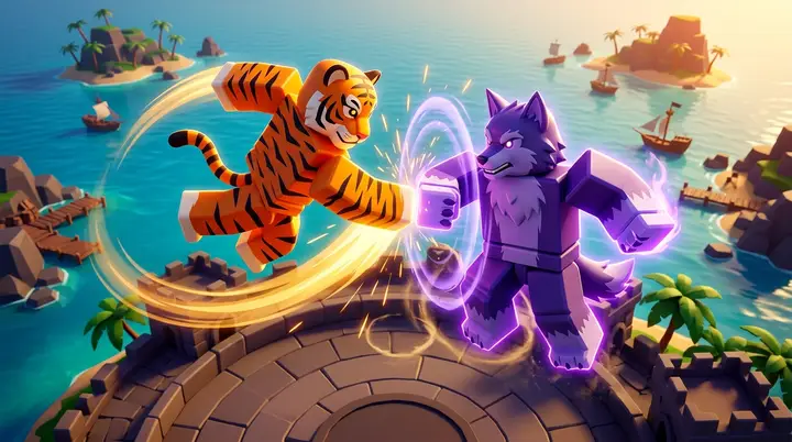 Ilustração 3D estilo Roblox de Tiger e Werewolf no Blox Fruits disputando um duelo aéreo sobre uma arena em ilha tropical.