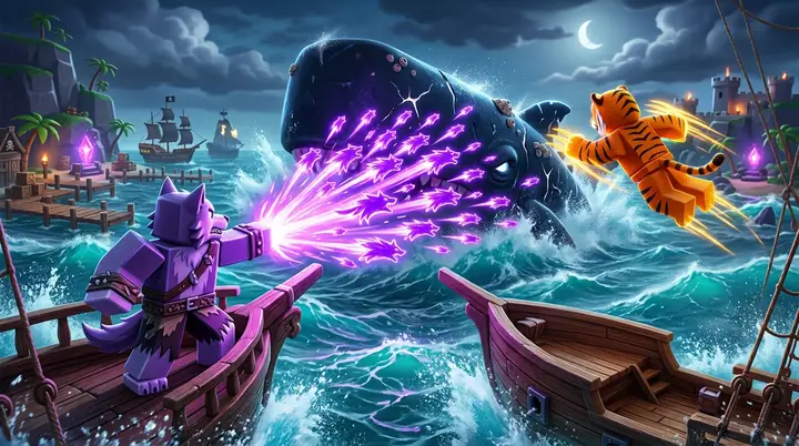 Ilustração 3D estilo Roblox de Werewolf e Tiger no Blox Fruits atacando um Sea Beast ao lado de um barco em mar aberto.